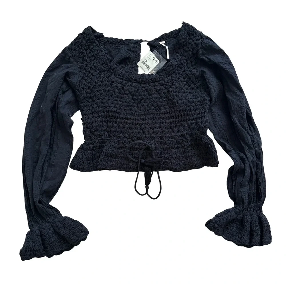 Free People Black Crochet Peplum Crop Top Long Sleeve OB1486571 XS NEW
